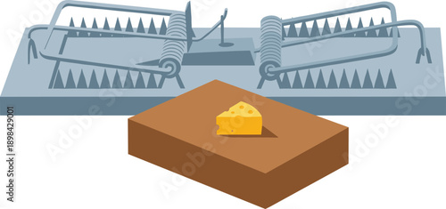 Mouse trap with cheese bait vector illustration, pest control and rodent capture concept design, danger warning and home protection graphic isolated on white background