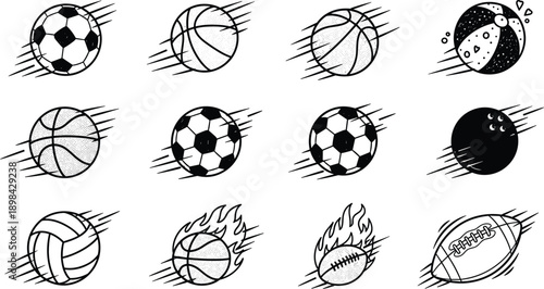Sports balls motion icon vector set with soccer, basketball, volleyball, baseball and rugby, dynamic speed line illustration for game, fitness and athletic design
