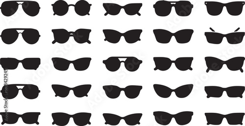 Set of Minimalist Sunglasses Icons Featuring Diverse Black Silhouette Eyewear Styles and Fashionable Sun Glasses Frames