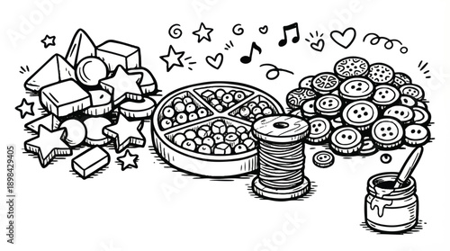sewing notions and buttons illustration with music symbols and stars