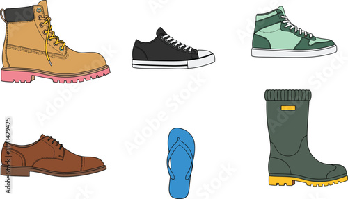 Mixed footwear collection vector illustration with boots, sneakers, formal shoes, flip flops and rain boots, modern fashion and lifestyle design set