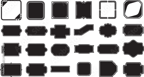 Set of Minimalist Black Label Silhouettes and Decorative Frame Icons Featuring Diverse Vintage Borders and Modern Badge Shapes