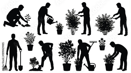 Silhouettes of people gardening and taking care of plants in various actions