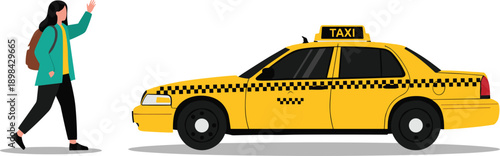 Urban city commuter hailing yellow taxi cab on street, traveler with backpack waiting transportation, modern lifestyle travel scene, flat vector illustration