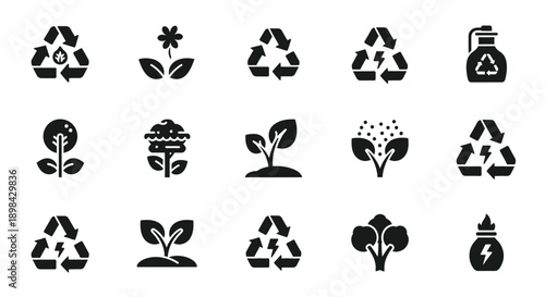 A set of various ecological and recycling icons is displayed.