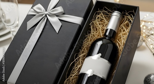 a black cardboard wine gift box with a silver ribbon