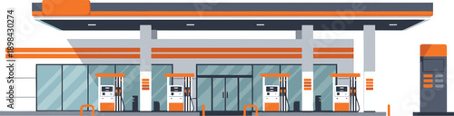 Modern gas station illustration, urban fuel pump design, convenience store architecture, vehicle refueling infrastructure, public service facility art, 
