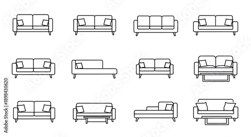 Twelve sofa and couch furniture variations are shown in a.