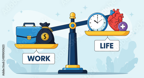 Illustration of a seesaw balancing work and life: a briefcase and money bag labeled "Work" on one side, and a clock, heart, and cross labeled "Life" on the other.