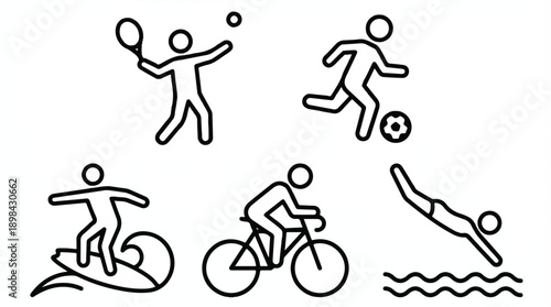 stick figure icons of people playing sports and riding bicycle and surfing  simple line drawings