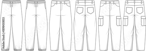 Black and white technical line drawing set featuring jogger pants, classic trousers, and cargo pants. Front and back views shown with detailed pockets and construction lines.