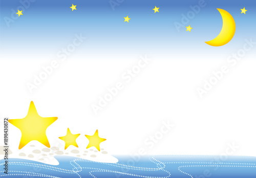 A serene night scene with a crescent moon and stars