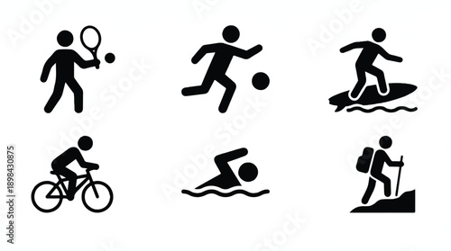 stick figures engaging in various sports activities on white background