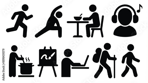 stick figures performing various daily activities and actions in simple black silhouette