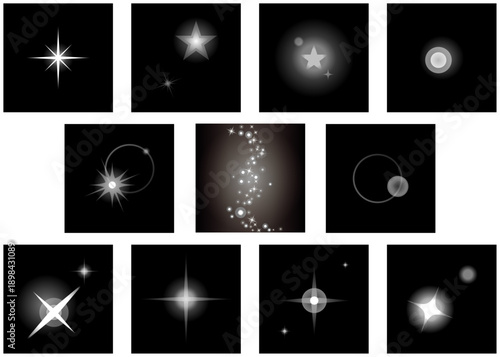 A collection of ten white star images on a black background