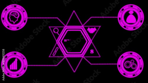 Futuristic Hexagonal Network With Business Icons On Black