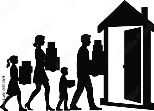 Family moving out of their home with boxes and luggage in hand

