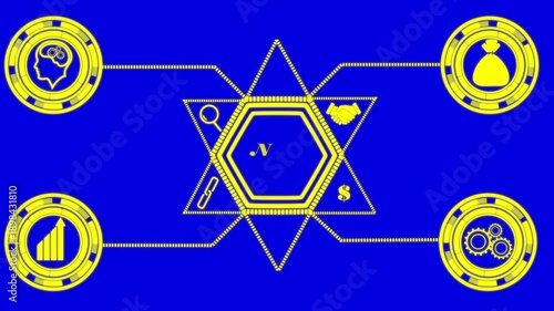 Yellow Hexagonal Star with Business Icons on Blue technology
