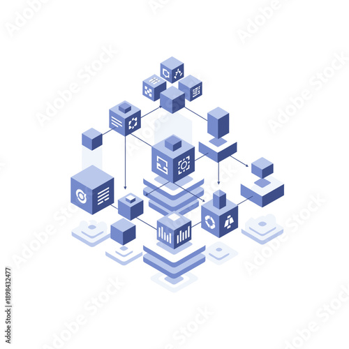 3D rendered blue cubes with icons connected in a network structure.