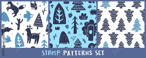 Scandinavian stamp pattern set. Folk winter seamless vector print collection.