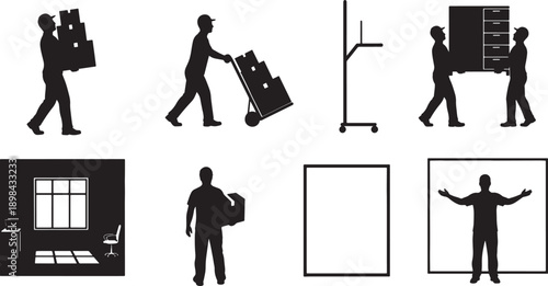 Black Solid Office Relocation Silhouettes Set of Six on White Background