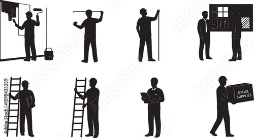 Black Solid Office Renovation Silhouettes Set of Six on White Background