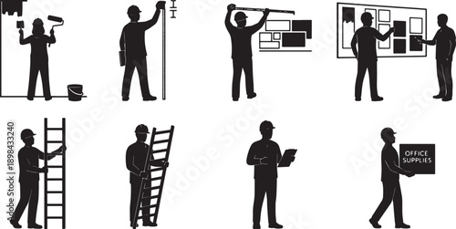 Black Solid Office Renovation Silhouettes Set of Six on White Background