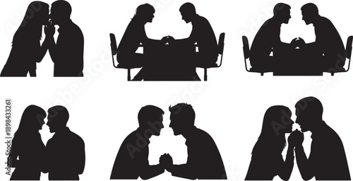 Black Solid Office Romance Silhouettes Set of Six on White Background