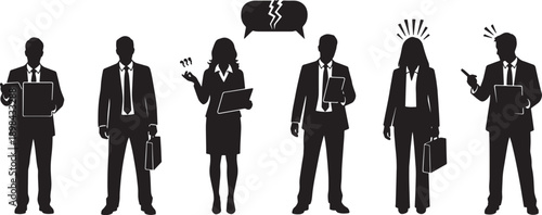 Black Solid Office Breakup Silhouettes Set of Six on White Background