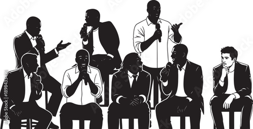 Black Solid Panel Discussion Speaker Silhouettes Sitting on Stools