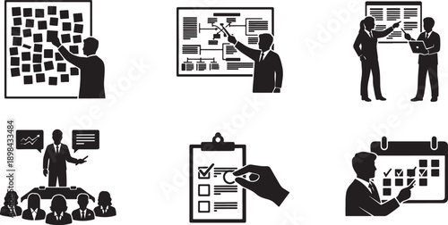 Black Solid Project Management Silhouettes Set of Six on White Background