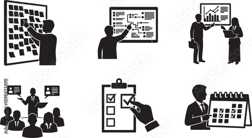 Black Solid Project Management Silhouettes Set of Six on White Background