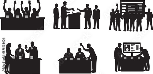 Black Solid Shareholder Voting Silhouettes Set of Six on White Background
