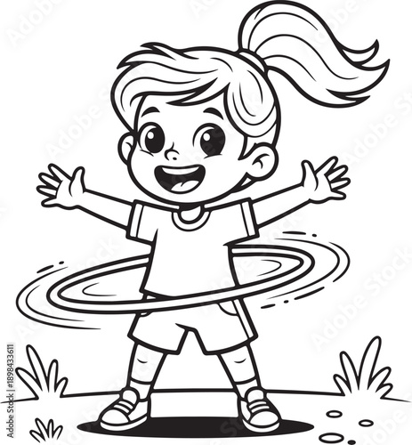 A happy little girl hula hooping with a big smile, an active playtime illustration