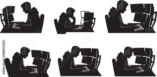 Black Solid Software Developer Silhouettes Set of Six on White Background
