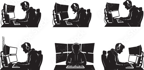 Black Solid Software Developer Silhouettes Set of Six on White Background