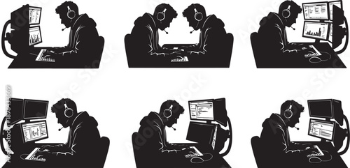 Black Solid Software Developer Silhouettes Set of Six on White Background