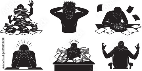 Black Solid Tax Season Silhouettes Set of Six on White Background