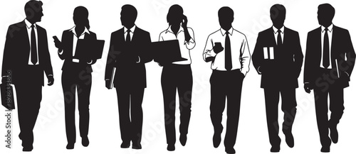 Black Solid Walking Office Colleagues Silhouettes Set of Six on White Background