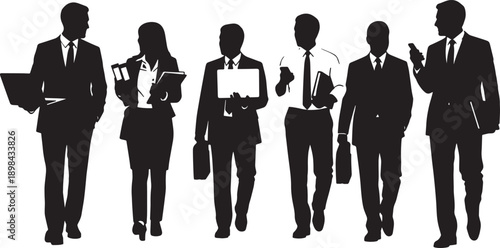 Black Solid Walking Office Colleagues Silhouettes Set of Six on White Background
