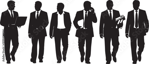 Black Solid Walking Office Colleagues Silhouettes Set of Six on White Background