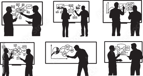 Black Solid Whiteboard Collaboration Silhouettes Set of Six on White Background
