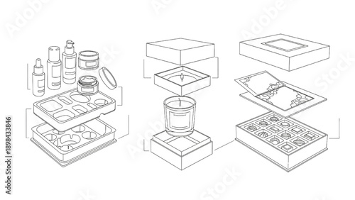 Black Continuous Line Art Exploded View Luxury Skincare, Candle, and Chocolate Packaging Mockups