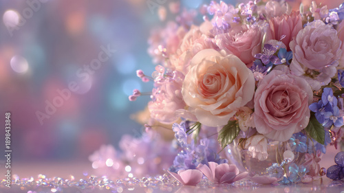 Mothers Day, Valentines Day, love holiday theme. A vibrant bouquet of pink roses and purple flowers in a vase on a reflective surface, set against a blurred background.