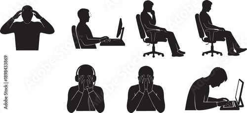 Black Solid Zoom Fatigue Silhouettes Set of Six on White Background