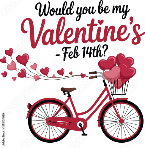 Red bicycle with heart balloons and Valentine's Day text