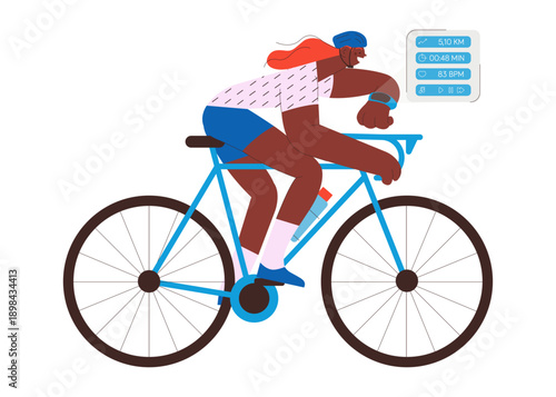 Female cyclist riding bicycle wearing helmet and checking her smart watch outdoor activity. Imitation of a glass screen projection with sport activity. Wearable sport device. Flat vector illustration.