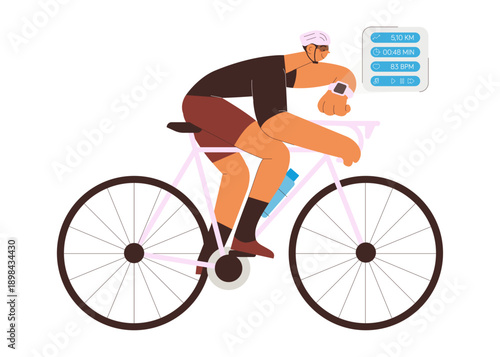 Male cyclist riding bicycle wearing helmet and checking his smart watch outdoor activity. Imitation of a glass screen projection with sport activity. Wearable sport device. Flat vector illustration.