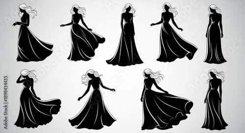 Elegant Woman Silhouette Collection Evening Gown Poses.