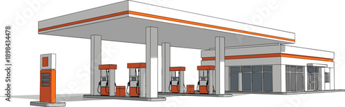 Modern gas station architecture with canopy, fuel pumps and convenience store, clean infrastructure design for transportation, urban planning illustration, flat vector illustration